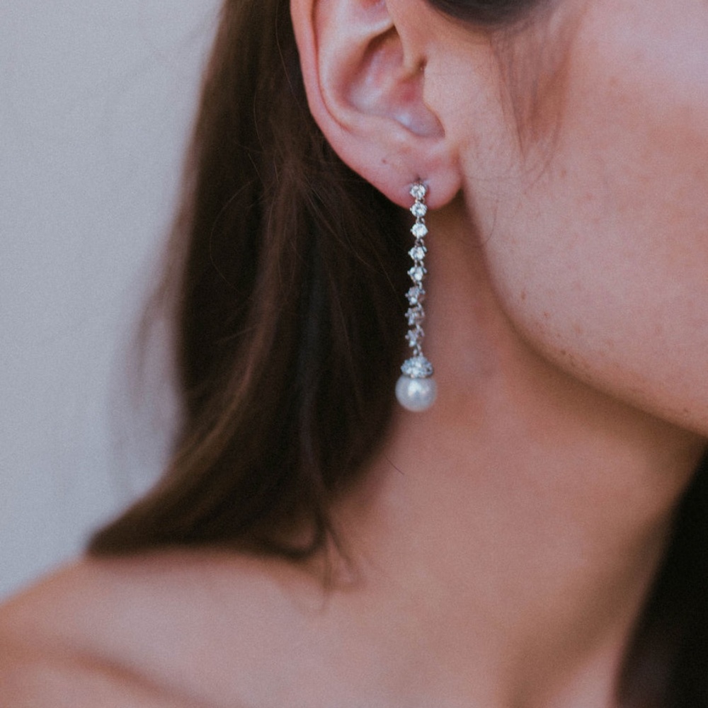 Silver Pearl Drop Earrings for Bride by Untamed Petals